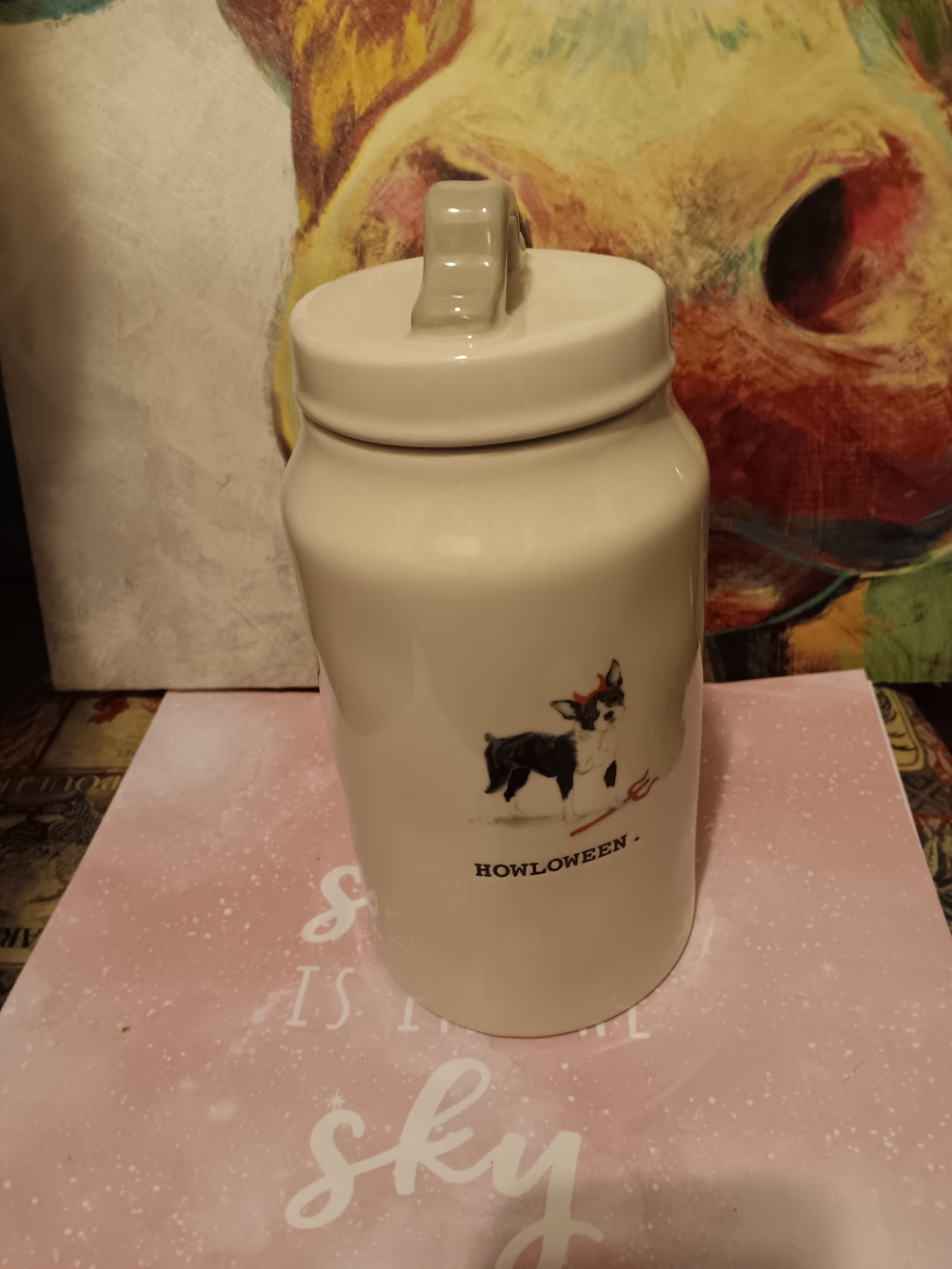Rae Dunn Cream Ceramic Canister with Black & Red Dog Illustration